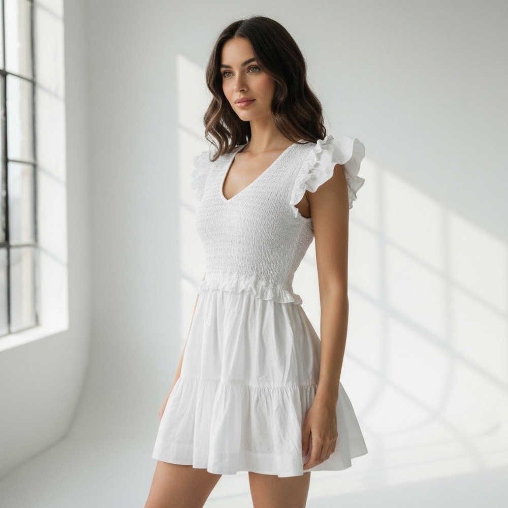 Sea New York White Smocked Ruffle Mini Dress V-Neck Tiered Cotton Size 4